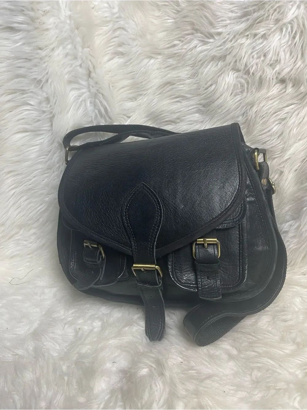 FIRU Handmade Black leather Crossbody Satchel gold tone hardwares